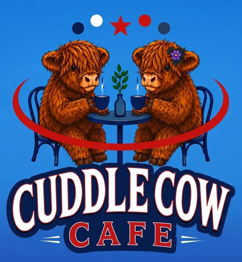 Cuddle Cow Cafe logo: two hornless Highland cow calves having coffee at a little café table.