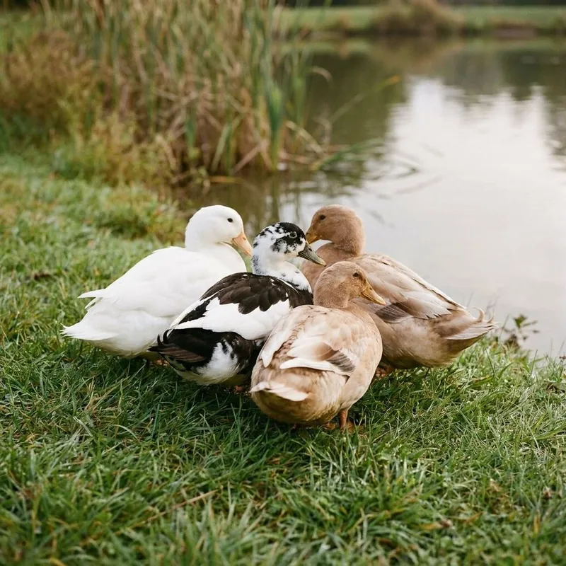 Our white, black-and-white and light brown ducks by the pond at Urban Buddy Farm.