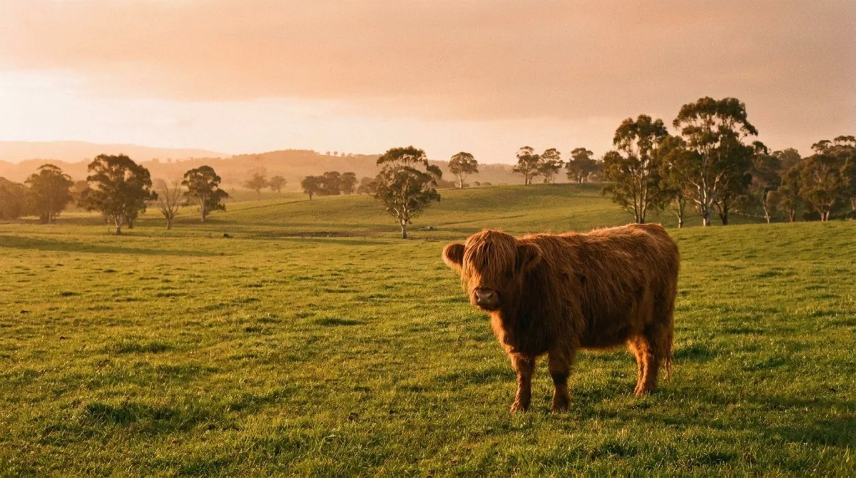 A hornless russet Highland cow grazing in a wide green Australian paddock at golden hour, with gum trees on the horizon.