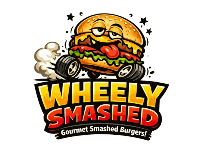 Wheely Smashed logo: a cartoon smashed burger on hot-rod wheels above the words Wheely Smashed, Gourmet Smashed Burgers.